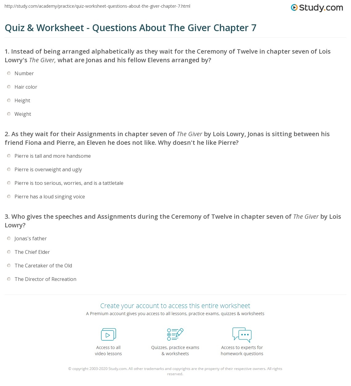 Quiz U0026 Worksheet Questions About The Giver Chapter 7 Study Worksheets Library