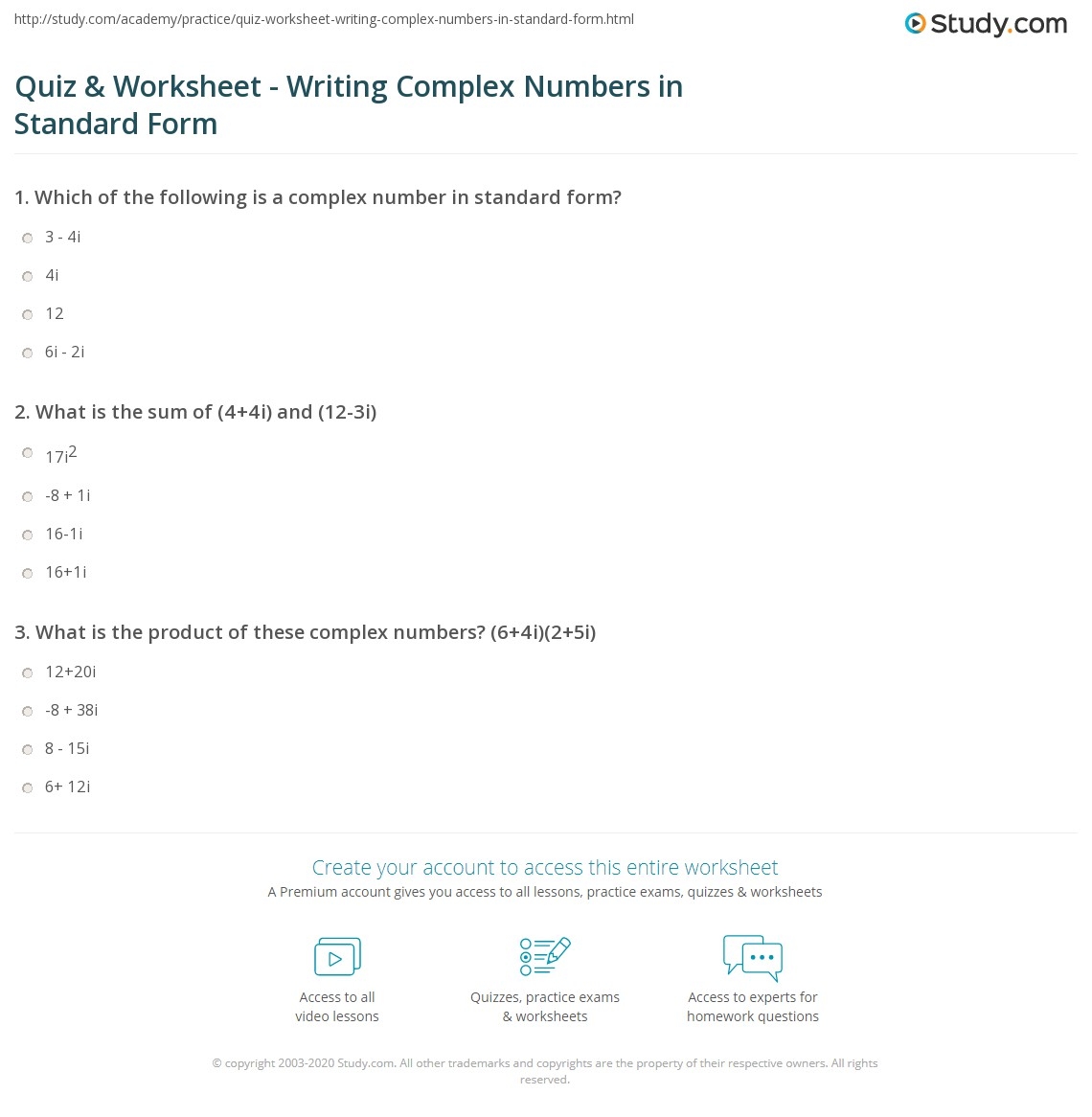 Quiz U0026 Worksheet Writing Complex Numbers In Standard Form Study
