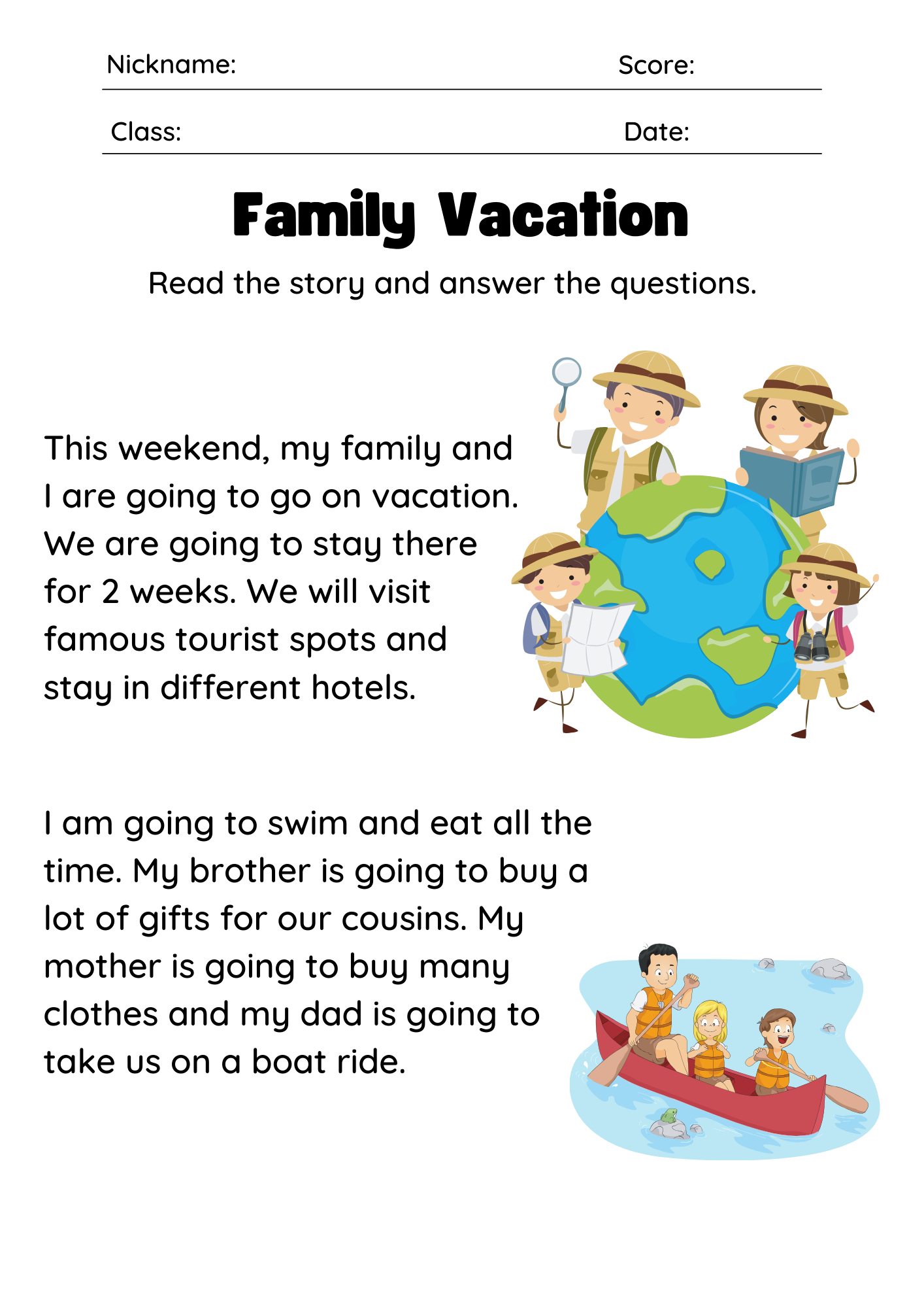 Reading Comprehension Family Vacation Made By Teachers