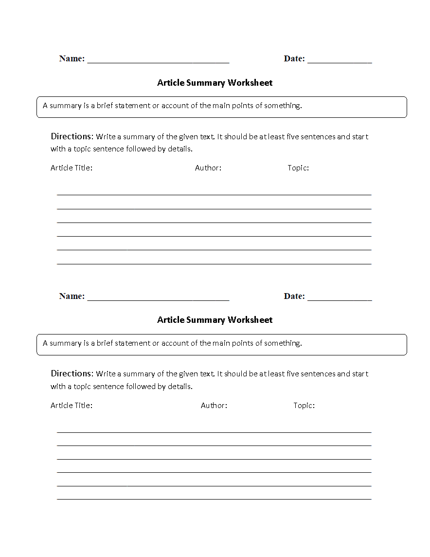 Free Printable Summarizing Worksheets 3rd Grade