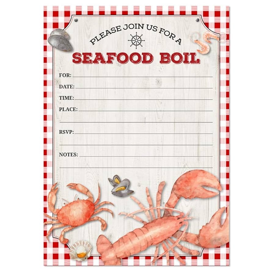 Red Gingham Seafood Boil Party Invitation 20 Fill in 5x7 Inch Invites And Envelopes