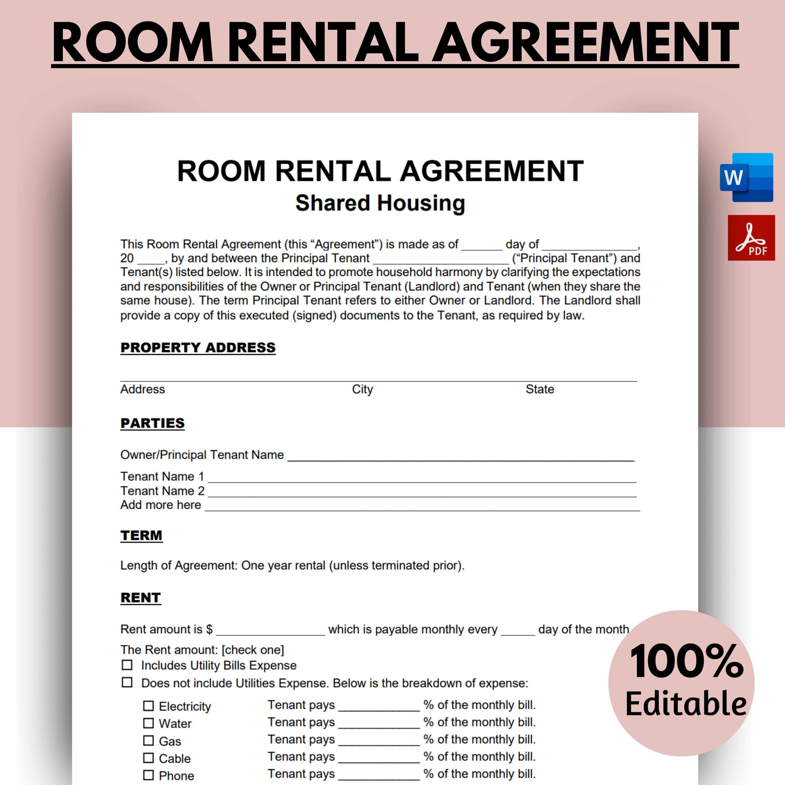 Free Printable Room Rental Agreement