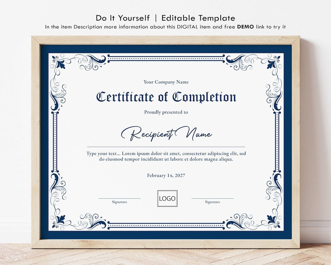 Royal Blue Certificate Of Completion Elegant Certificate Template Printable Completion Certificate Corporate Award Download Jet111 Etsy