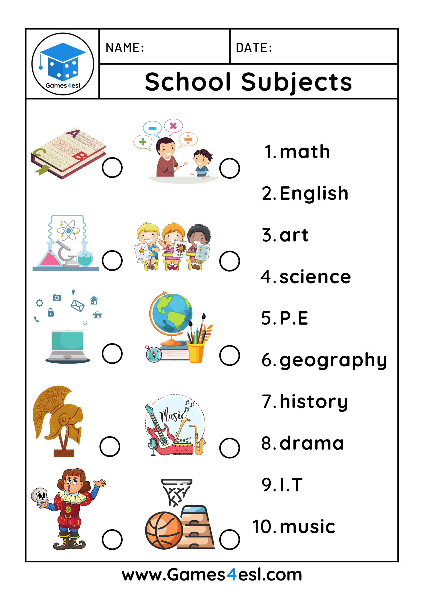 School Subject Worksheets Games4esl