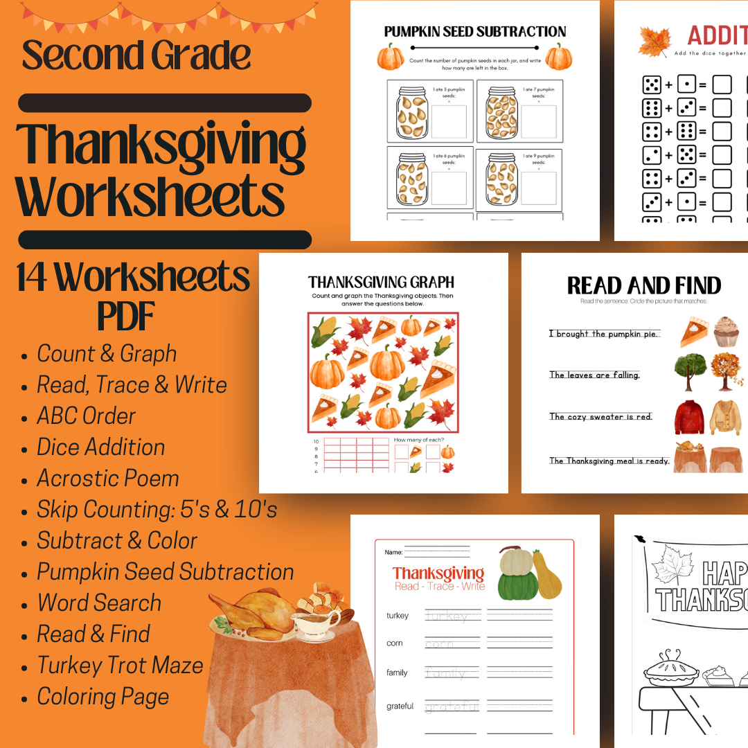 Second Grade Thanksgiving Worksheets Workbook Printable 