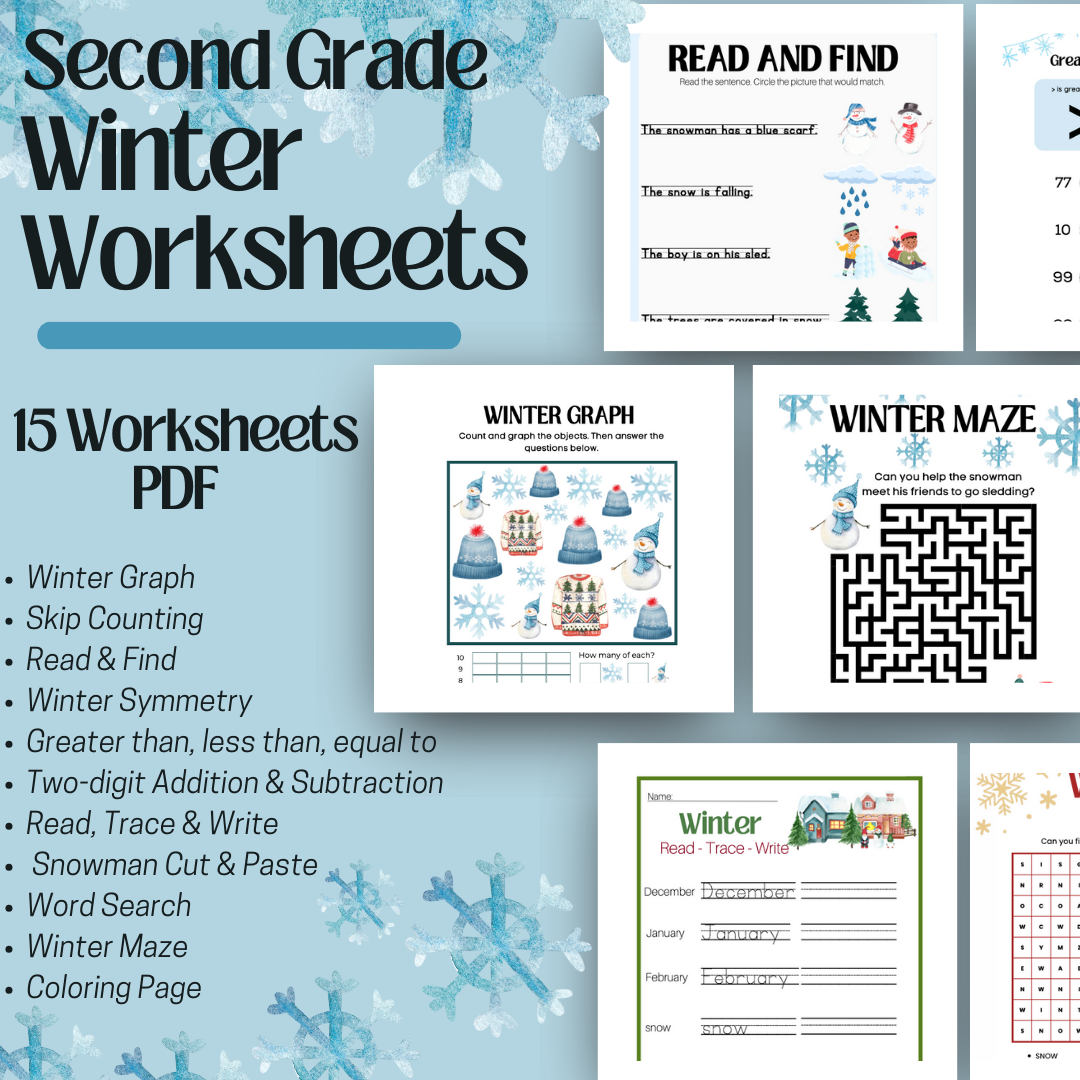 Second Grade Winter Workbook Homeschool Worksheets Seasonal Winter Math Language Arts Puzzles Classful