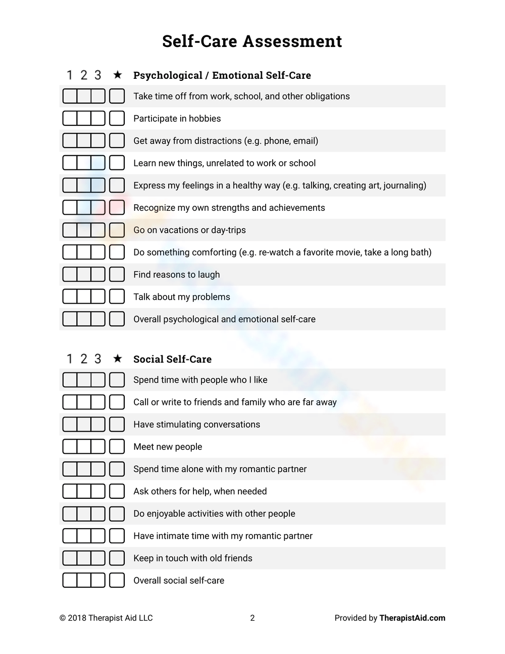 Self Care Assessment Worksheets 2025