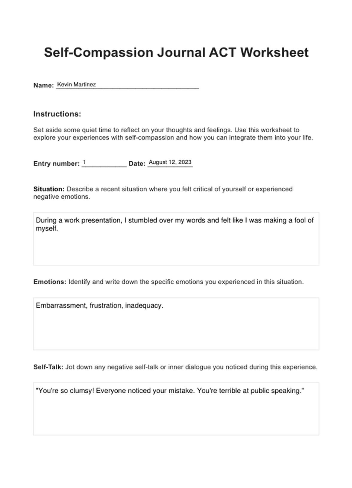 Self compassion Journal ACT Worksheet U0026 Example Free PDF Download