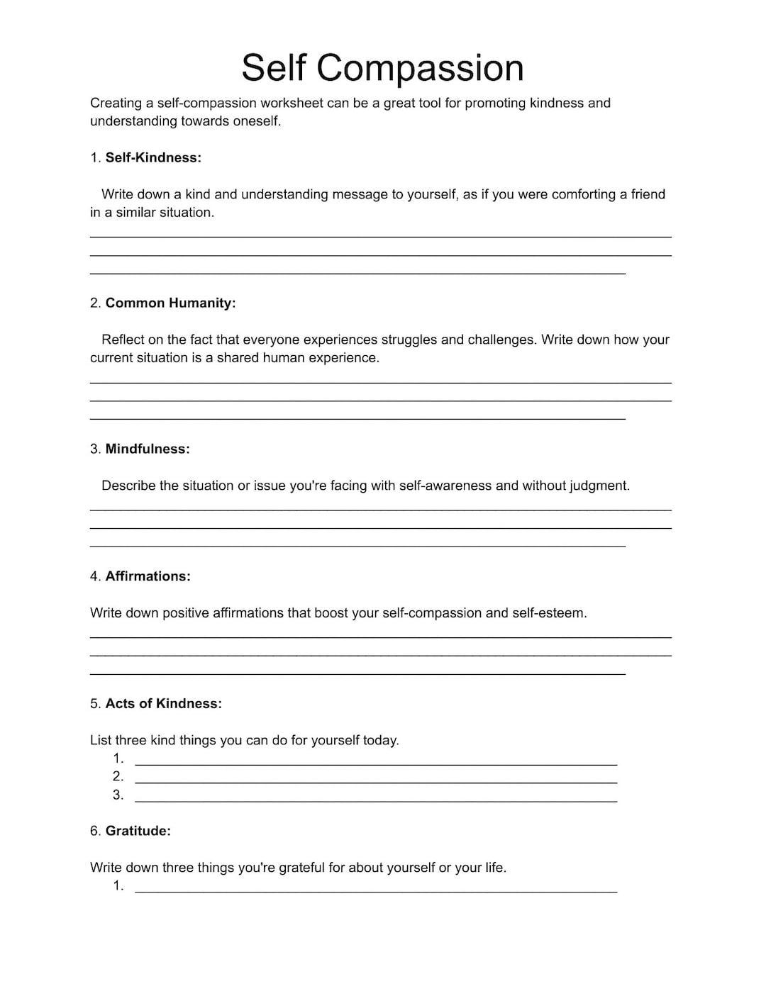 Self Compassion Worksheet Therapy Tool Social Work Tool Counseling Tool Mental Health Worksheet Etsy