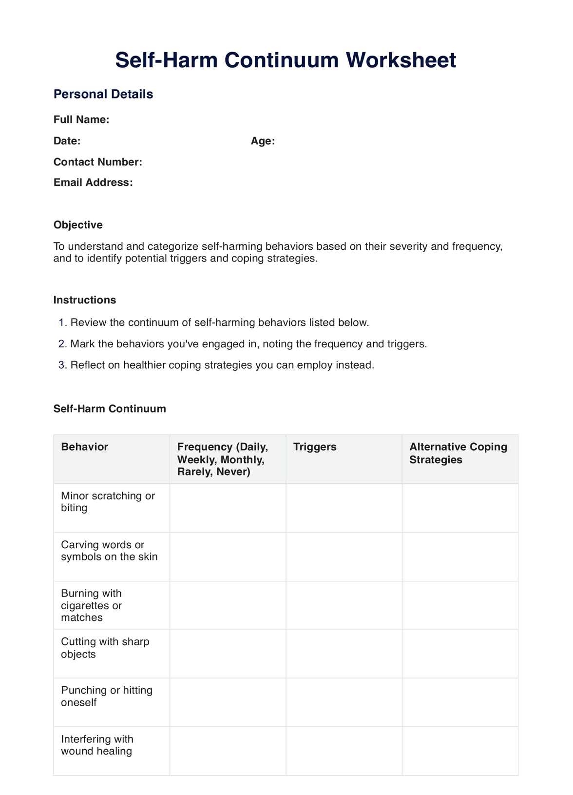 Self Harm Worksheet U0026 Example Free PDF Download