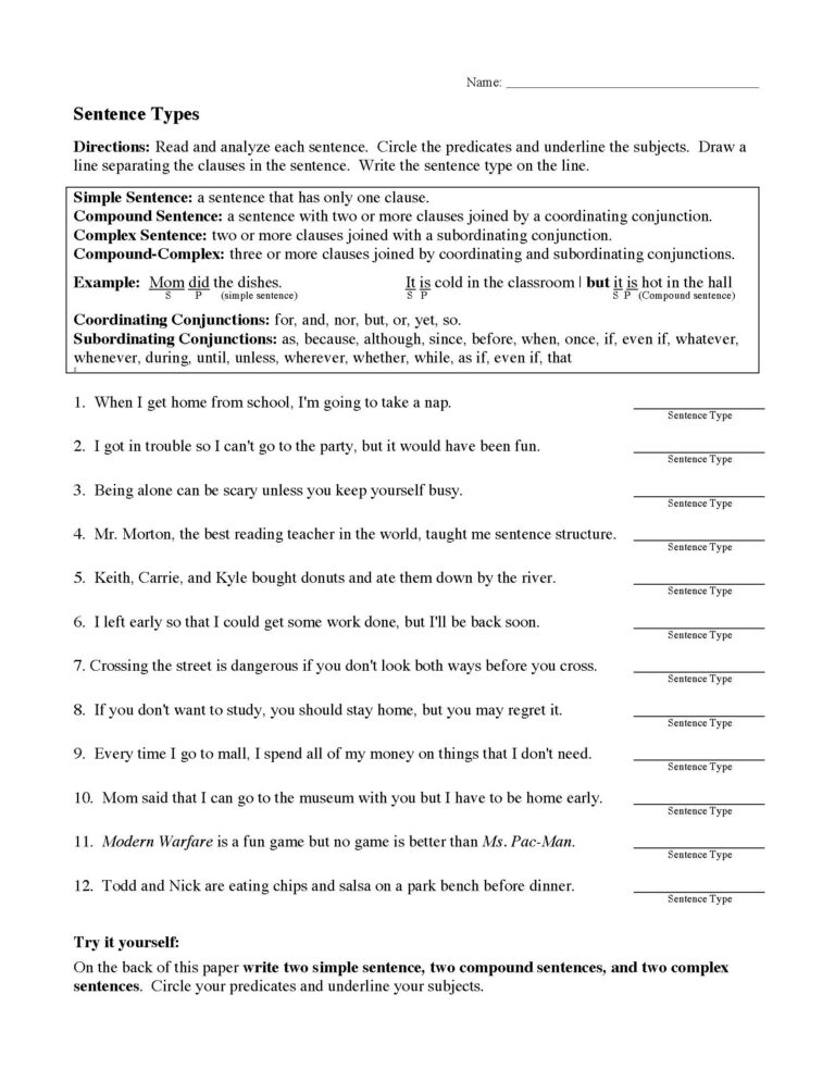 Sentence Types Worksheet Sentence Structure Activity