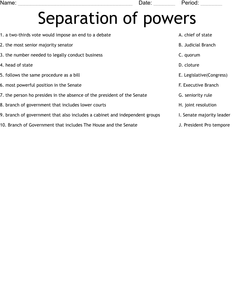 Separation Of Powers Worksheet WordMint