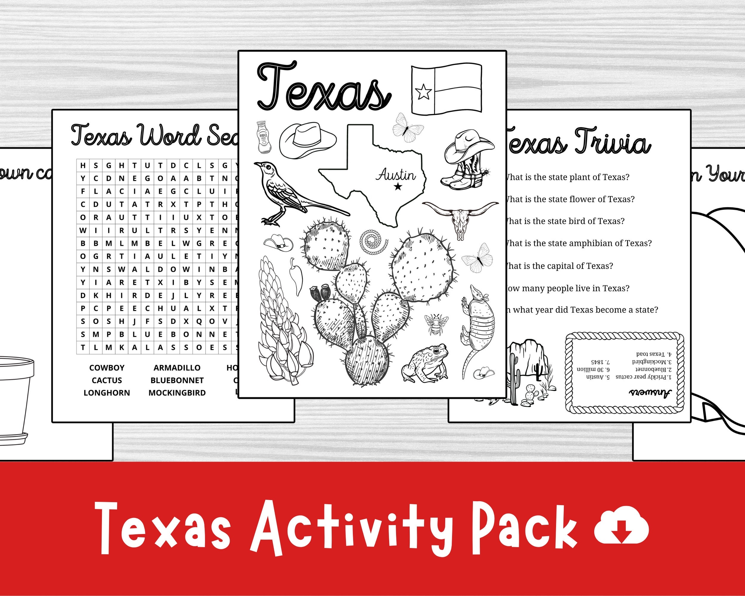 Set Of 5 Texas Activity Pages Texas State Symbols Texas Activity Pages Texas Printable US State Unit 4th Grade Worksheet Etsy