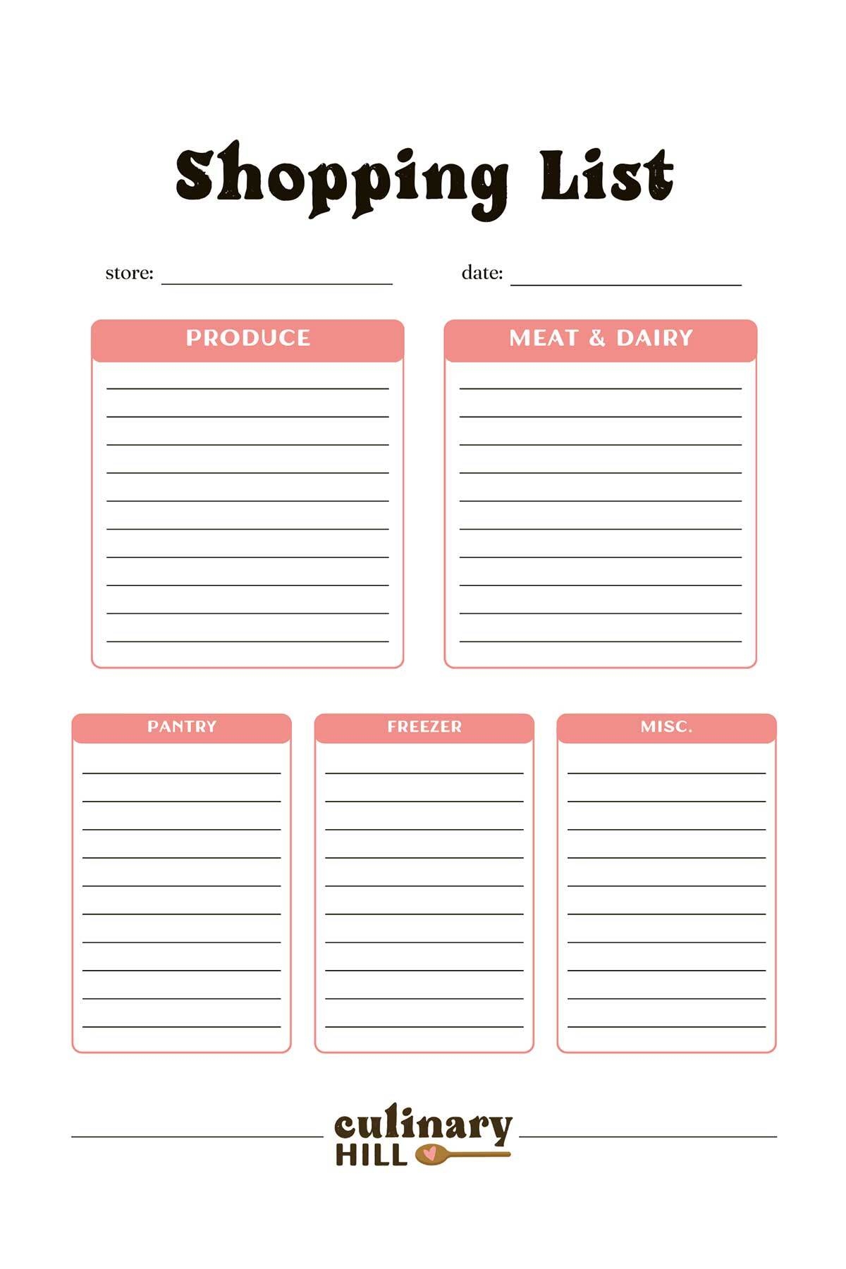 Shopping List Template Culinary Hill