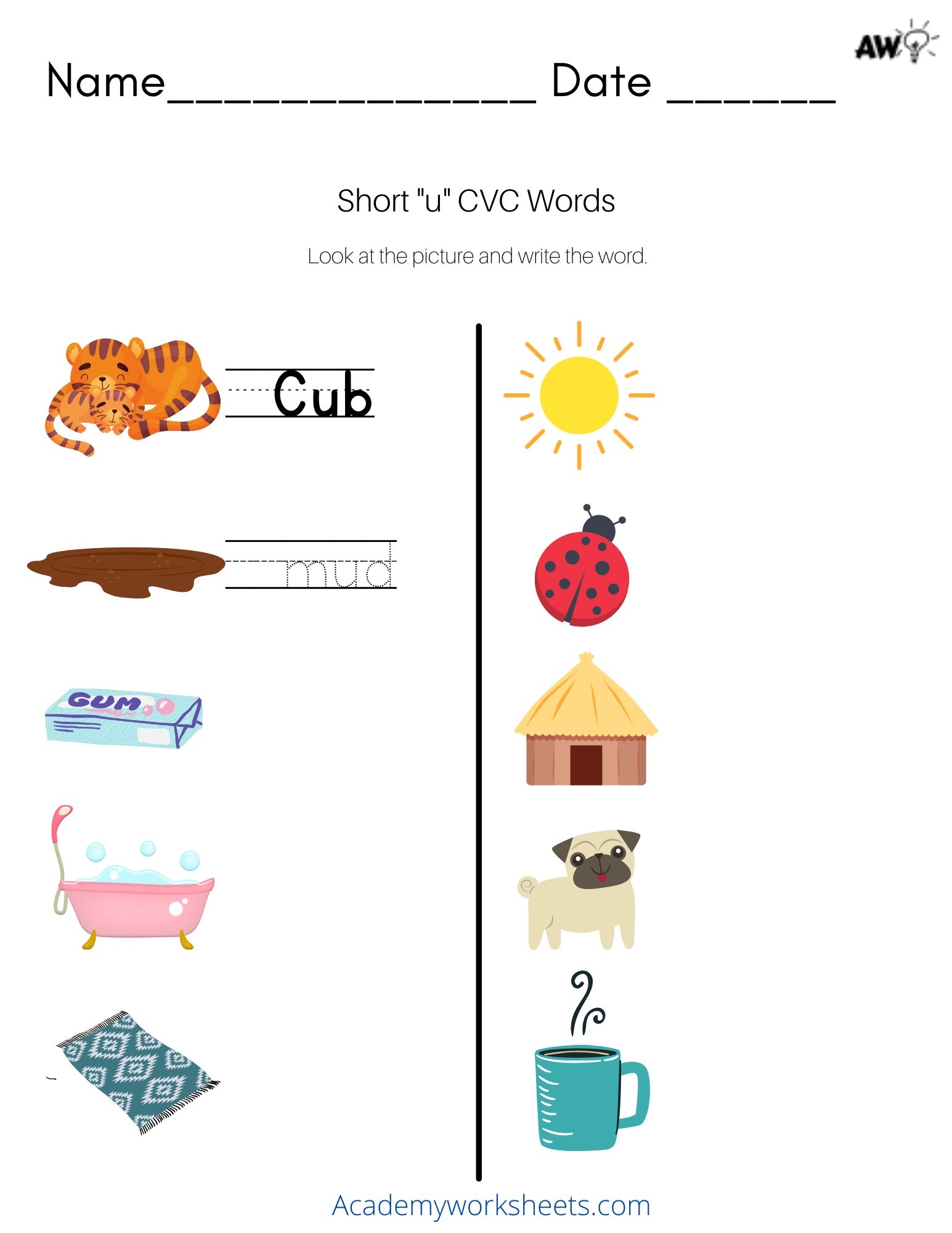Short U Phonics Worksheets CVC Words Academy Worksheets
