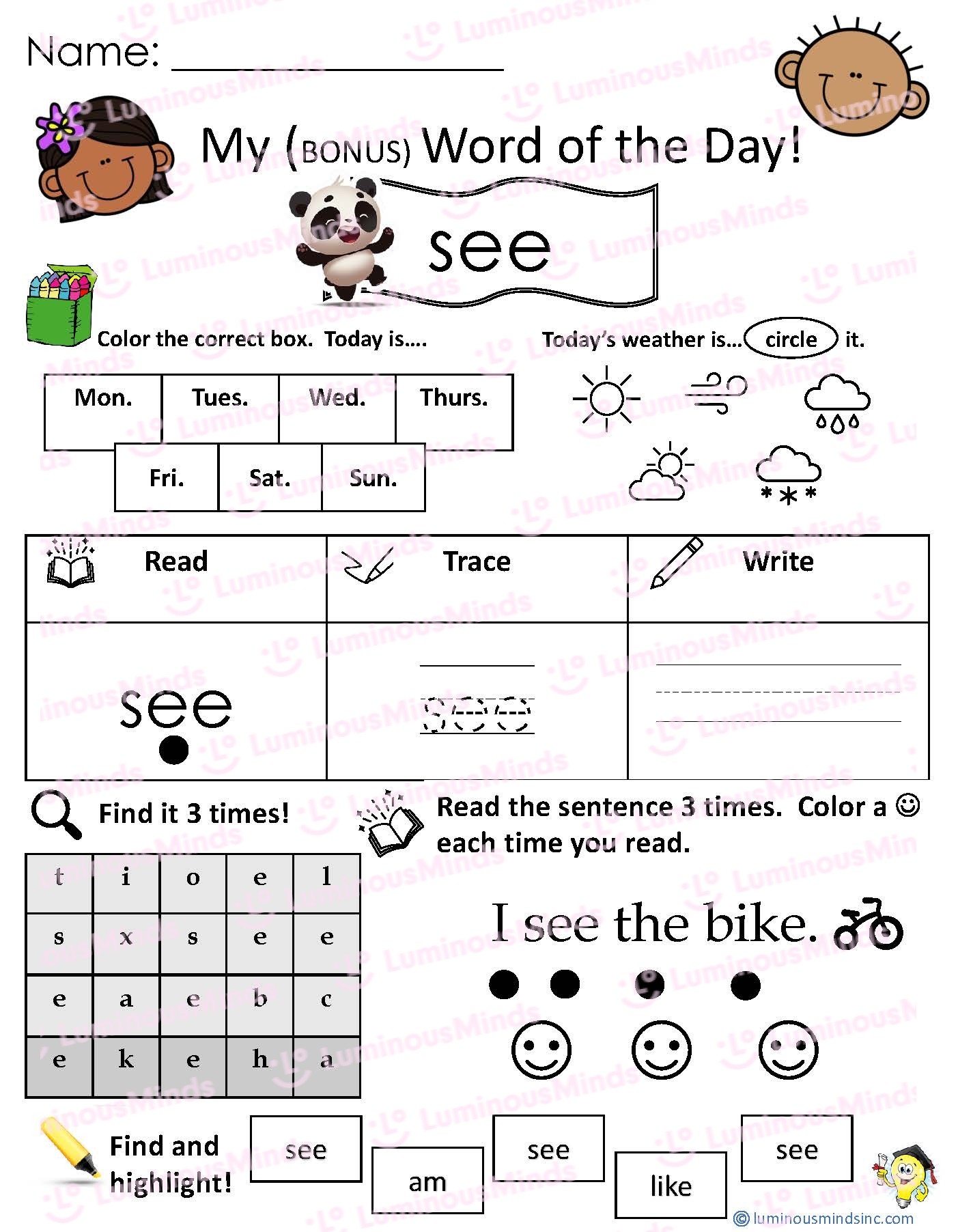 Sight Word see Sight Words Learning Mat Printable Skills Sheets Worksheets Library