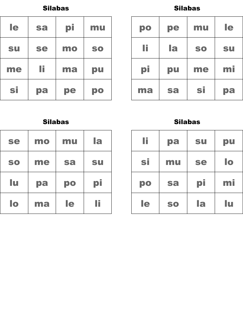 Silabas Bingo Cards WordMint