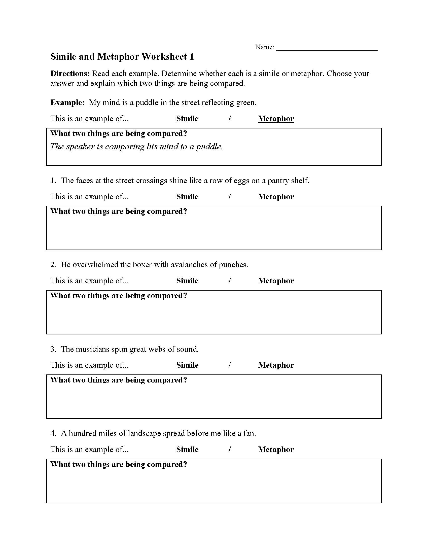 Simile And Metaphor Worksheets Ereading Worksheets