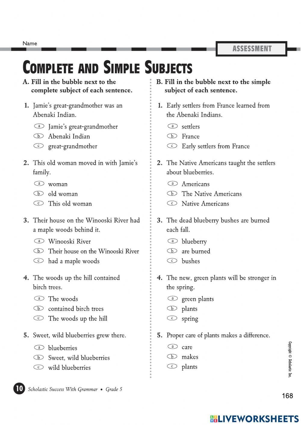 Free Printable Simple Subject Worksheets