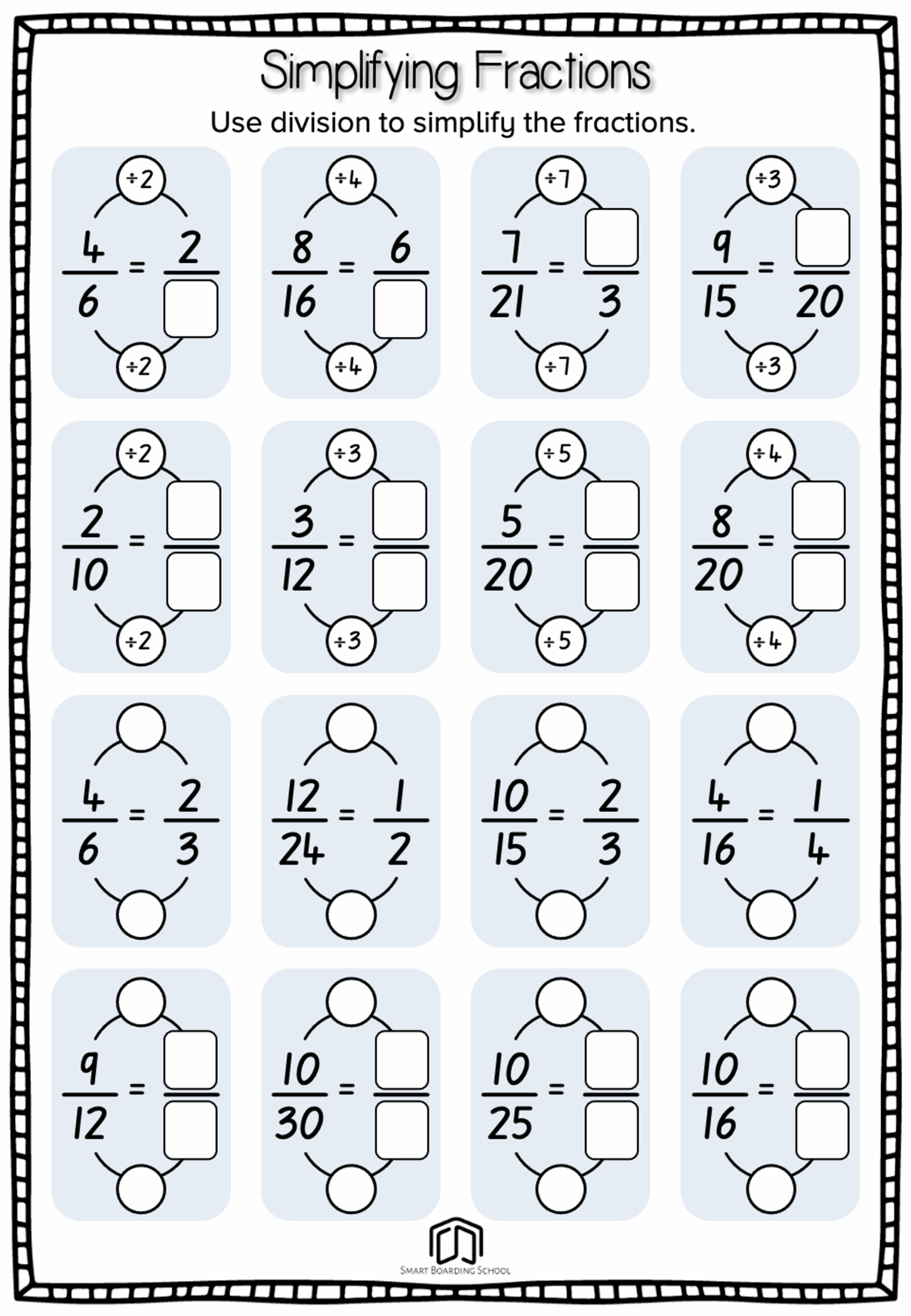 Simplifying Fractions Worksheet