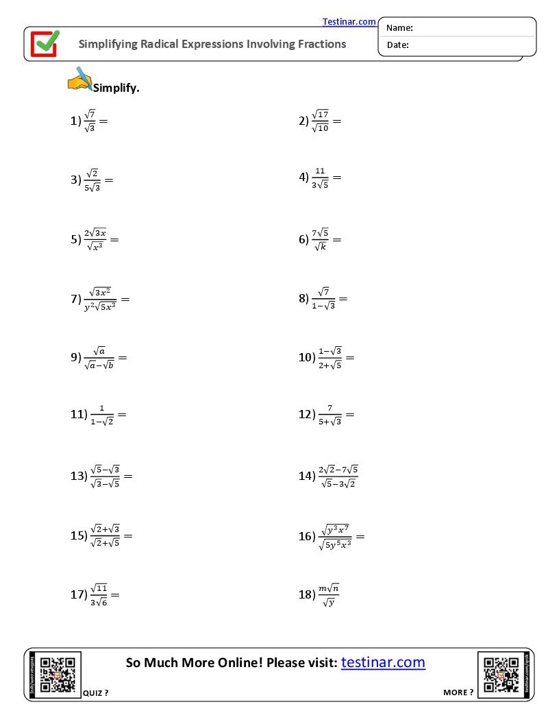Simplifying Radical Expressions Involving Fractions Worksheets
