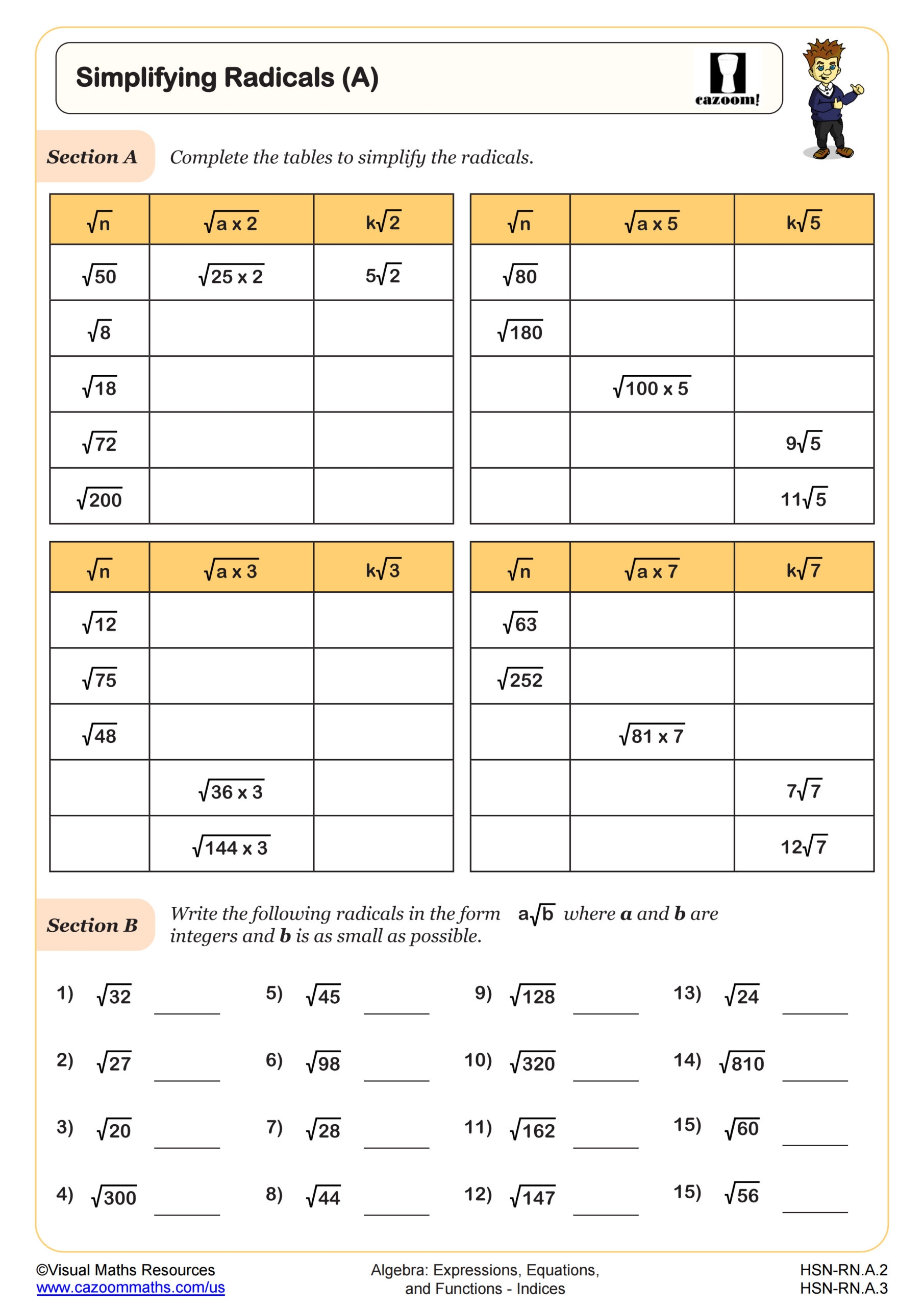 Simplifying Radicals A Worksheet PDF Printable Algebra Worksheet