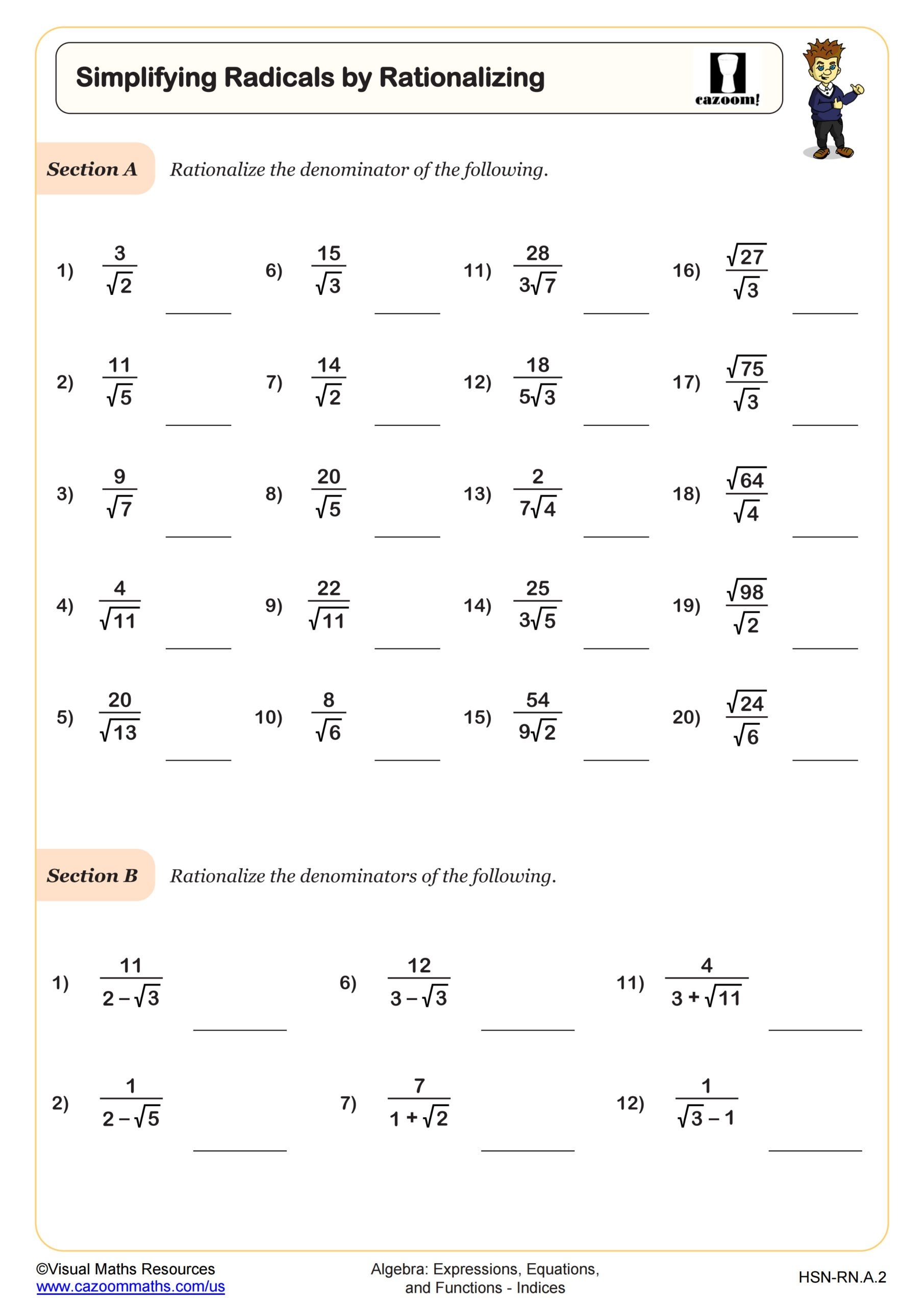Simplifying Radicals By Rationalizing Worksheet PDF Printable 