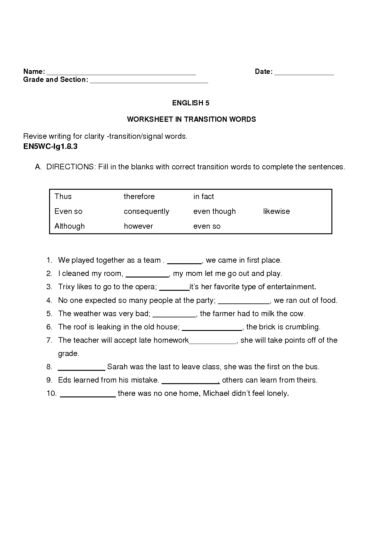 Free Printable Transition Worksheets