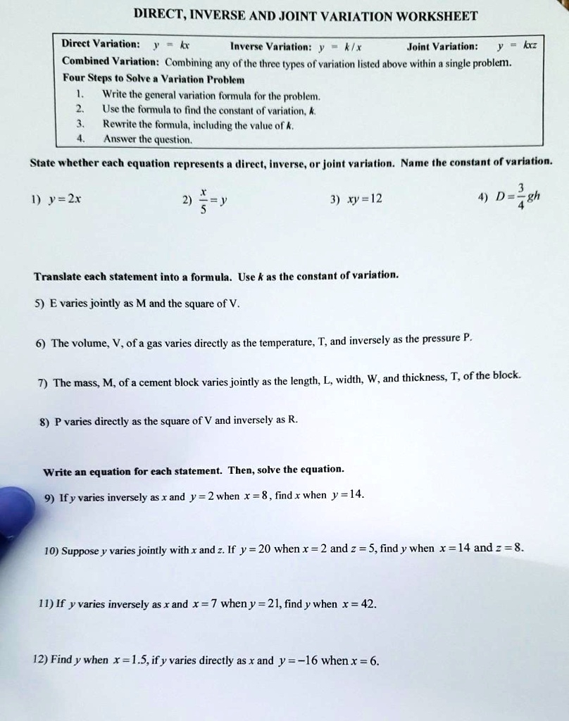 SOLVED DIRECT INVERSE AND JOINT VARIATION WORKSHEET Direct Worksheets Library