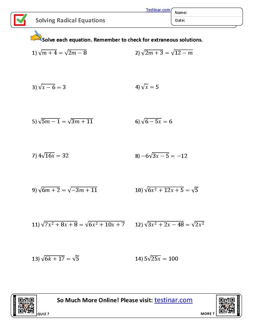 Free Printable Worksheets On Simplifying Radicals