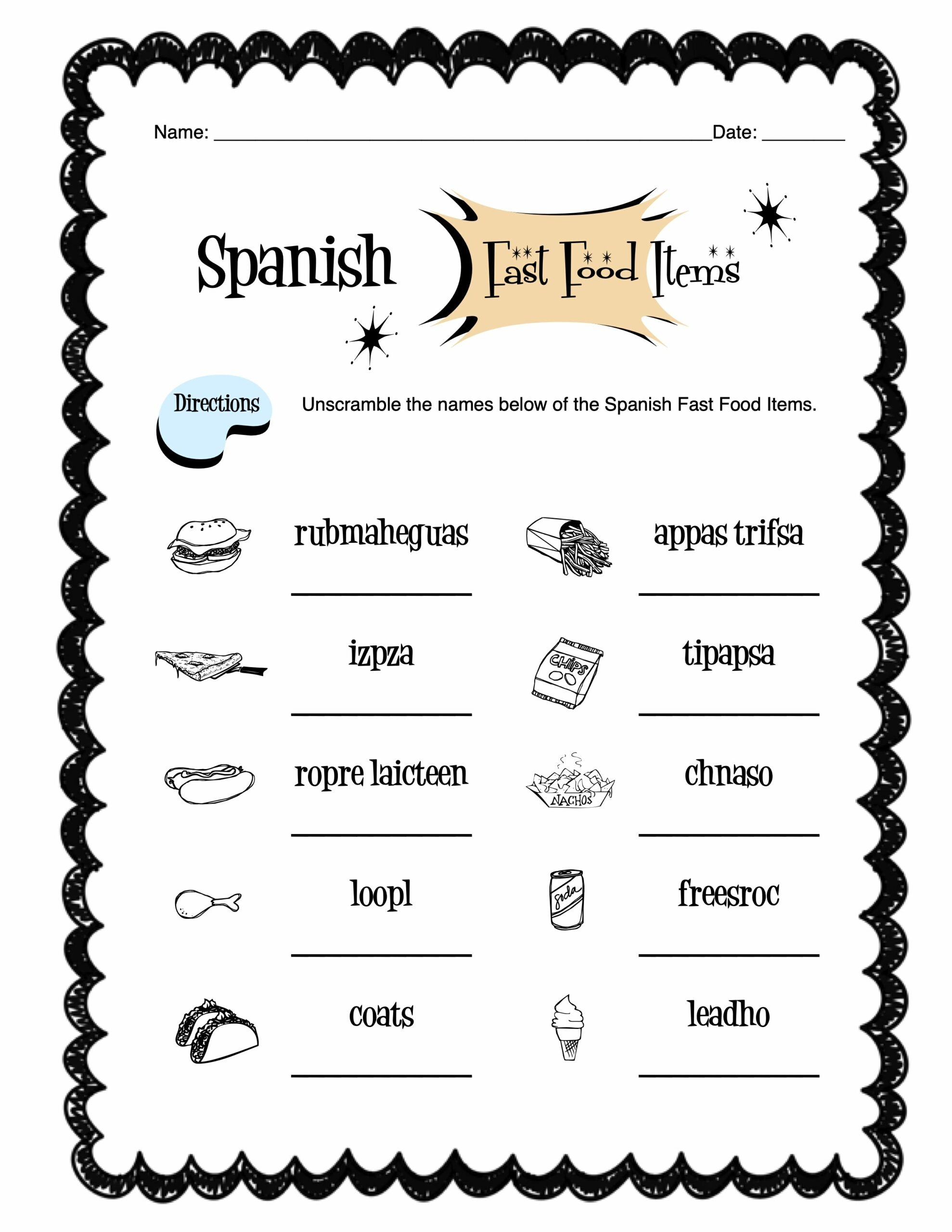 Spanish Fast Food Items Worksheet Packet Made By Teachers