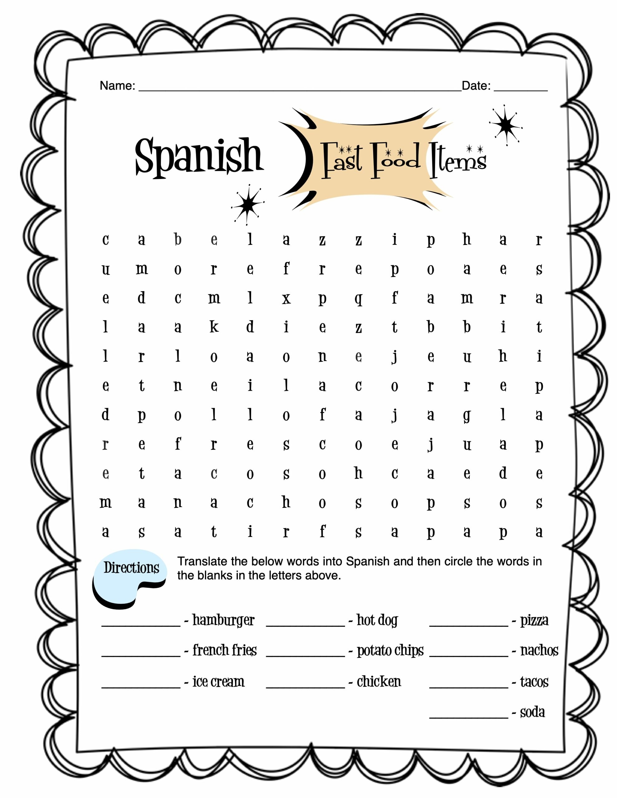 Spanish Fast Food Items Worksheet Packet Made By Teachers