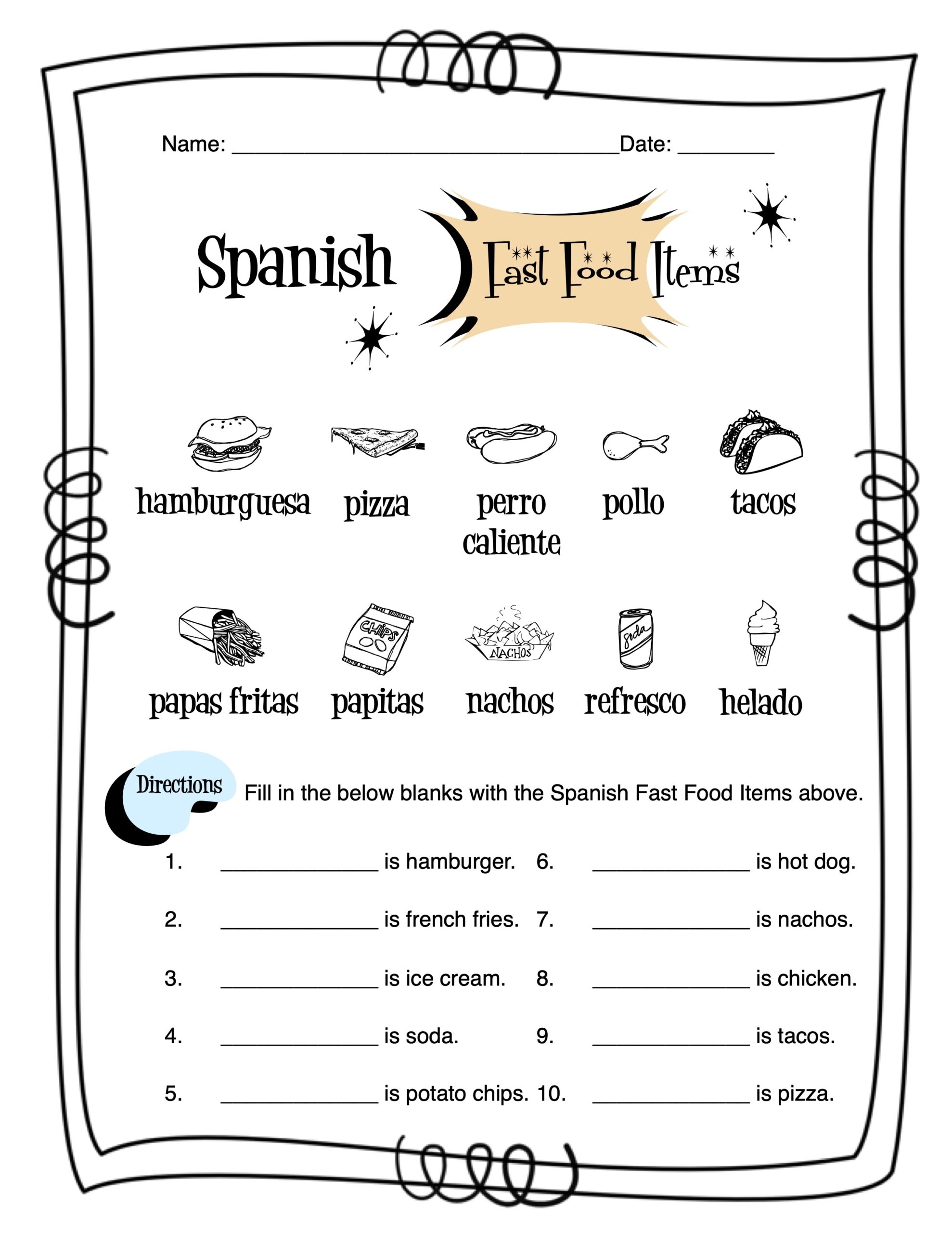 Spanish Fast Food Items Worksheet Packet Made By Teachers