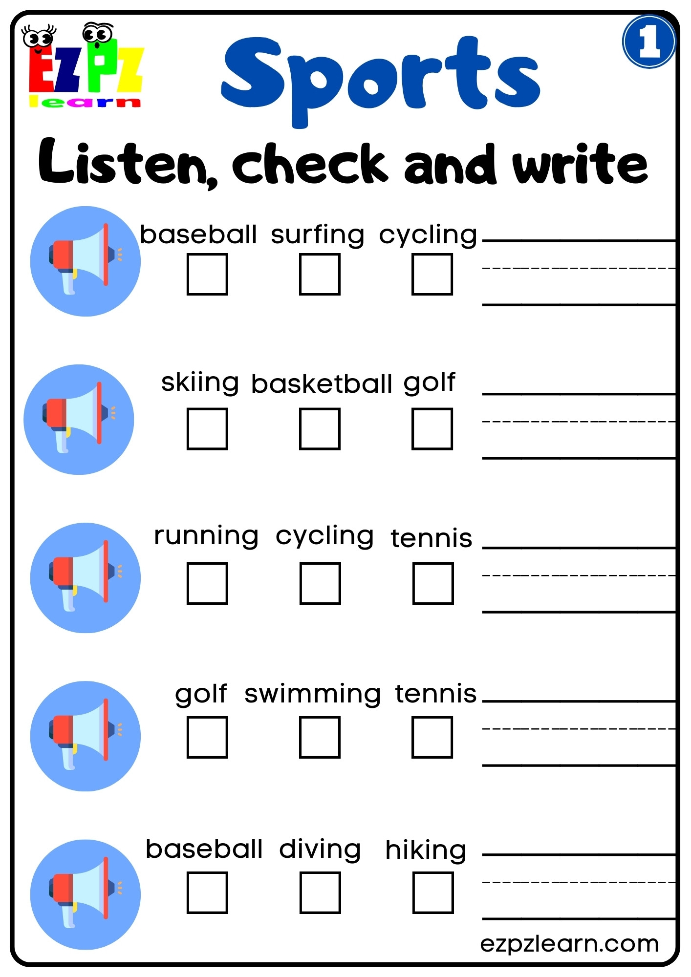 Sports Interactive Worksheet Listen Check And Write The Words 