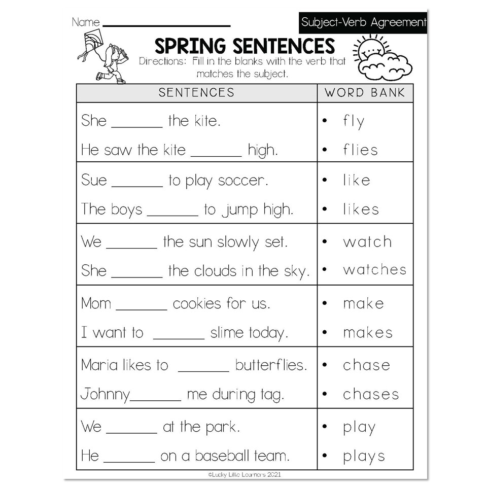Spring Early Finishers 2nd Grade ELA Subject Verb Agreement Spring Sentences Lucky Little Learners