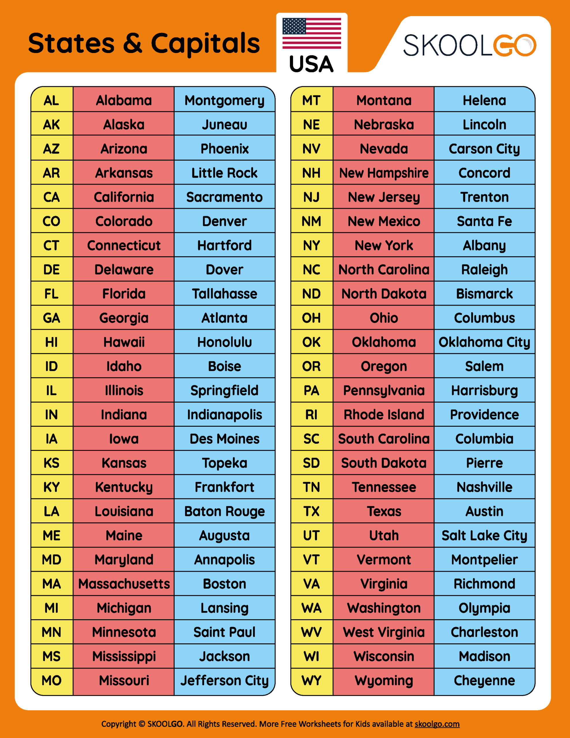 Free Printable States And Capital Worksheets