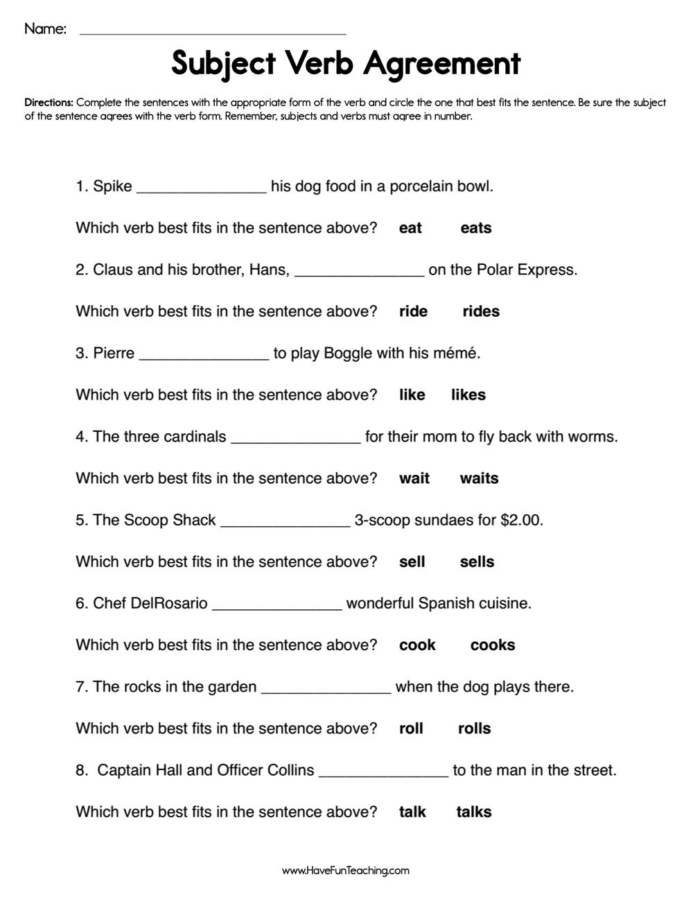 Free Printable Subject Verb Worksheets