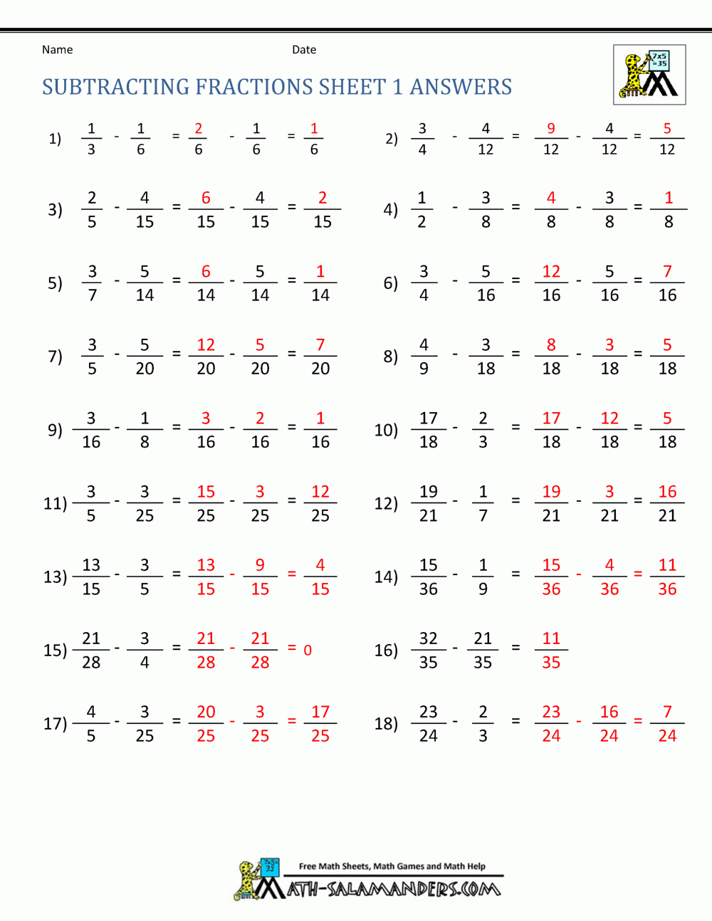 Subtracting Fractions Worksheets