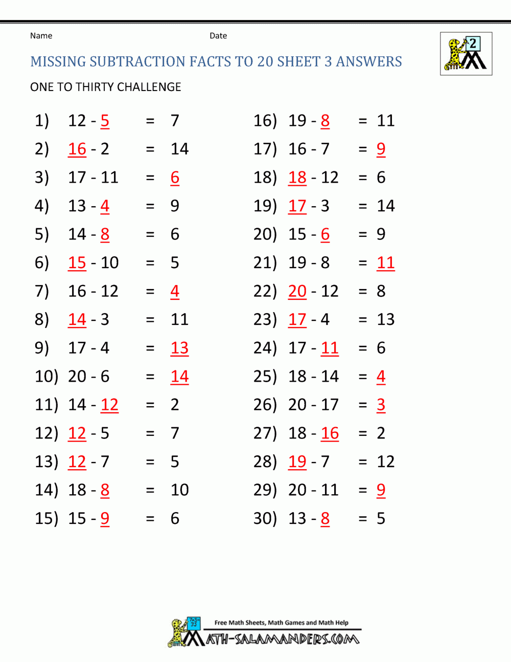 Free Printable Subtraction Within 20 Worksheets