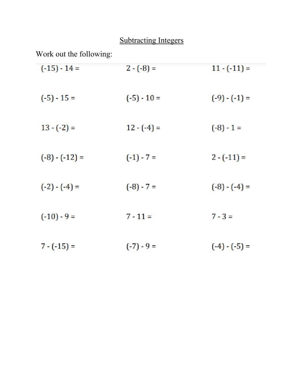 Subtraction Of Integers Interactive Worksheet Live Worksheets 