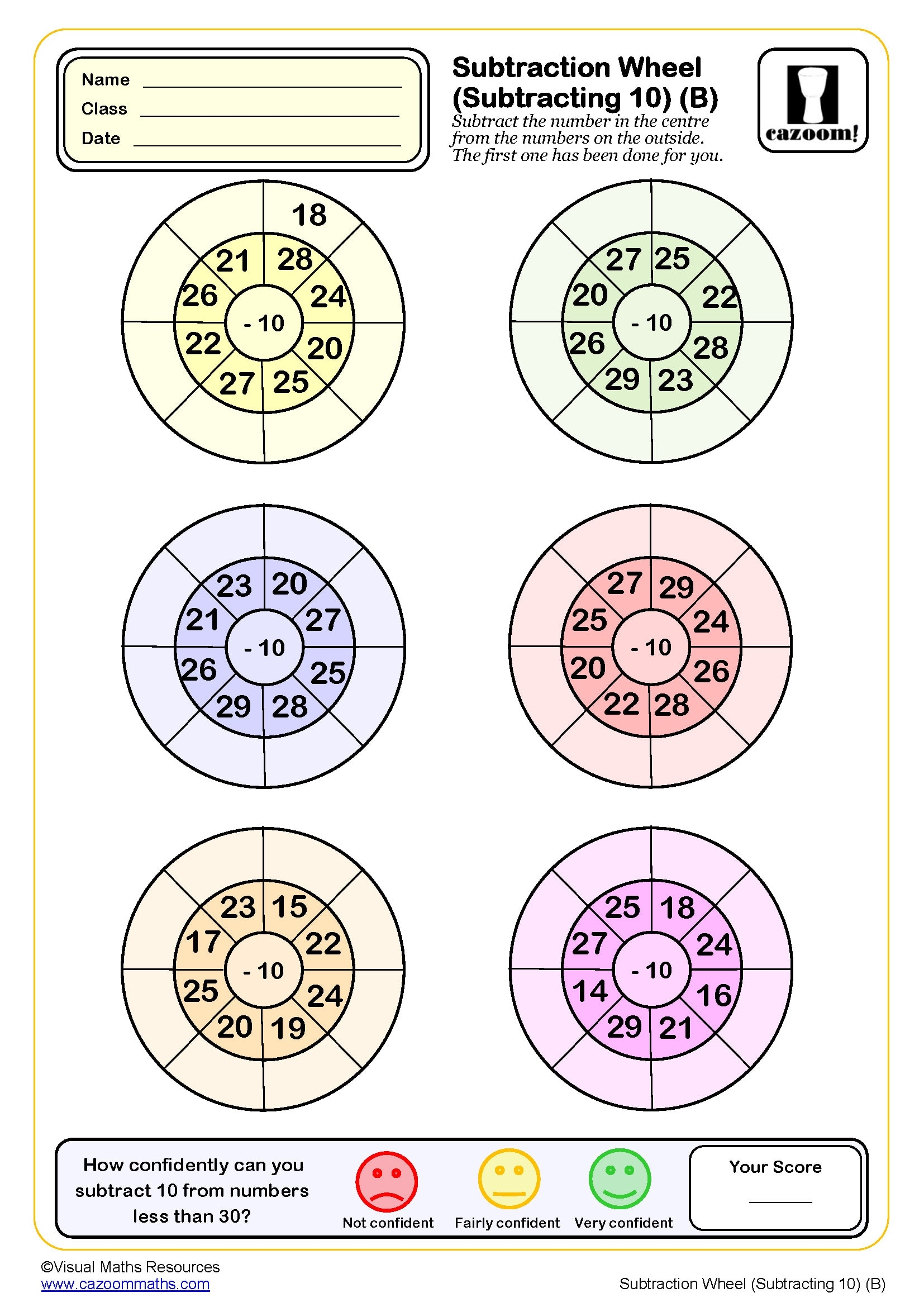 Subtraction Wheels Worksheet B Up To 10 PDF Printable Subtraction Worksheets