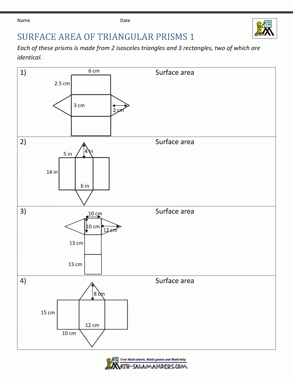 Surface Area Worksheet 6th Grade