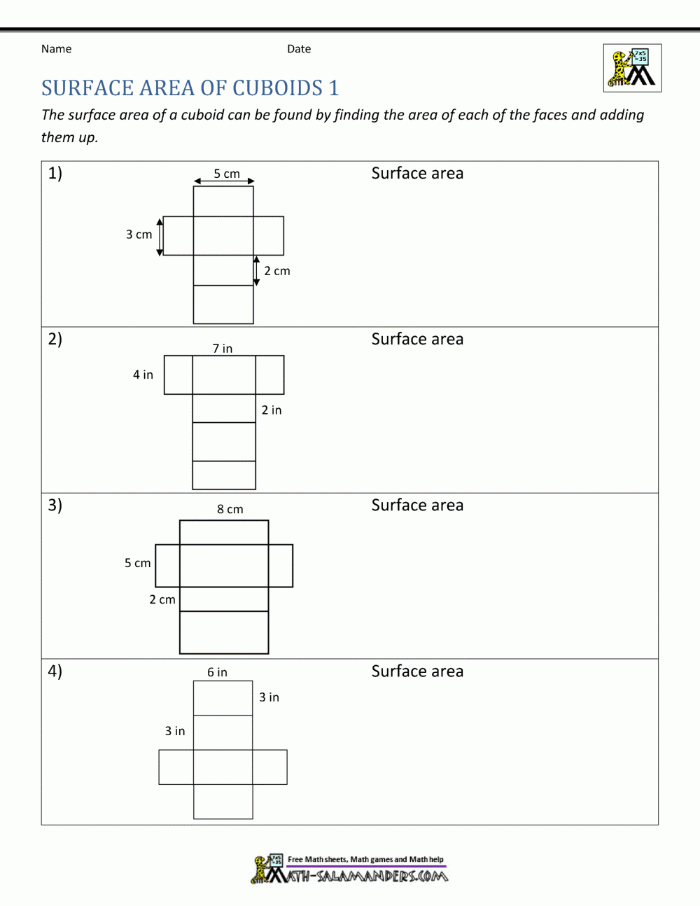 Surface Area Worksheet 6th Grade