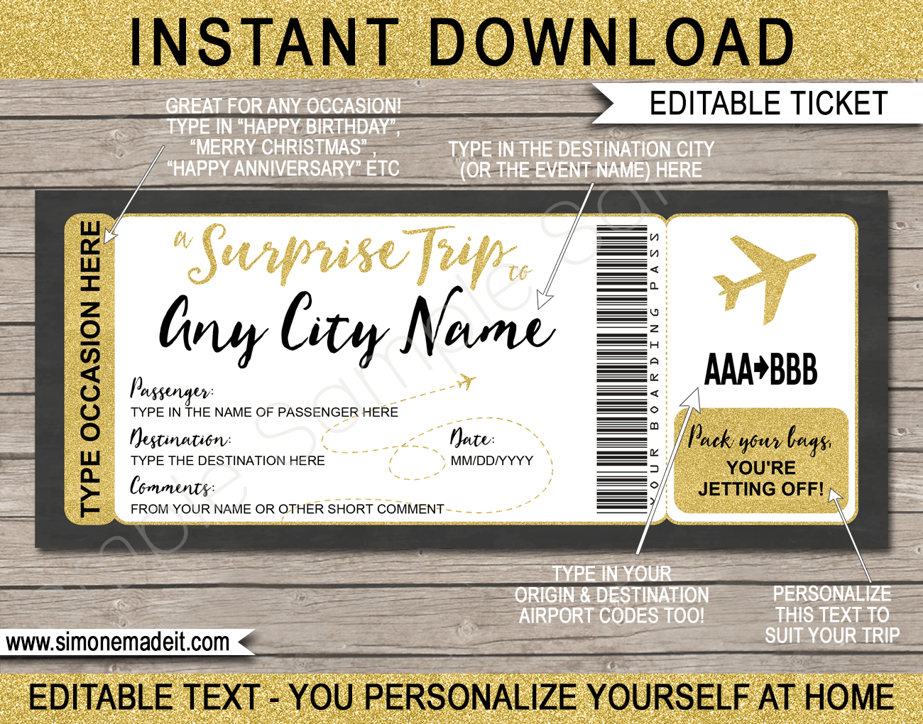 Surprise Trip Airline Ticket Template Printable Fake Boarding 