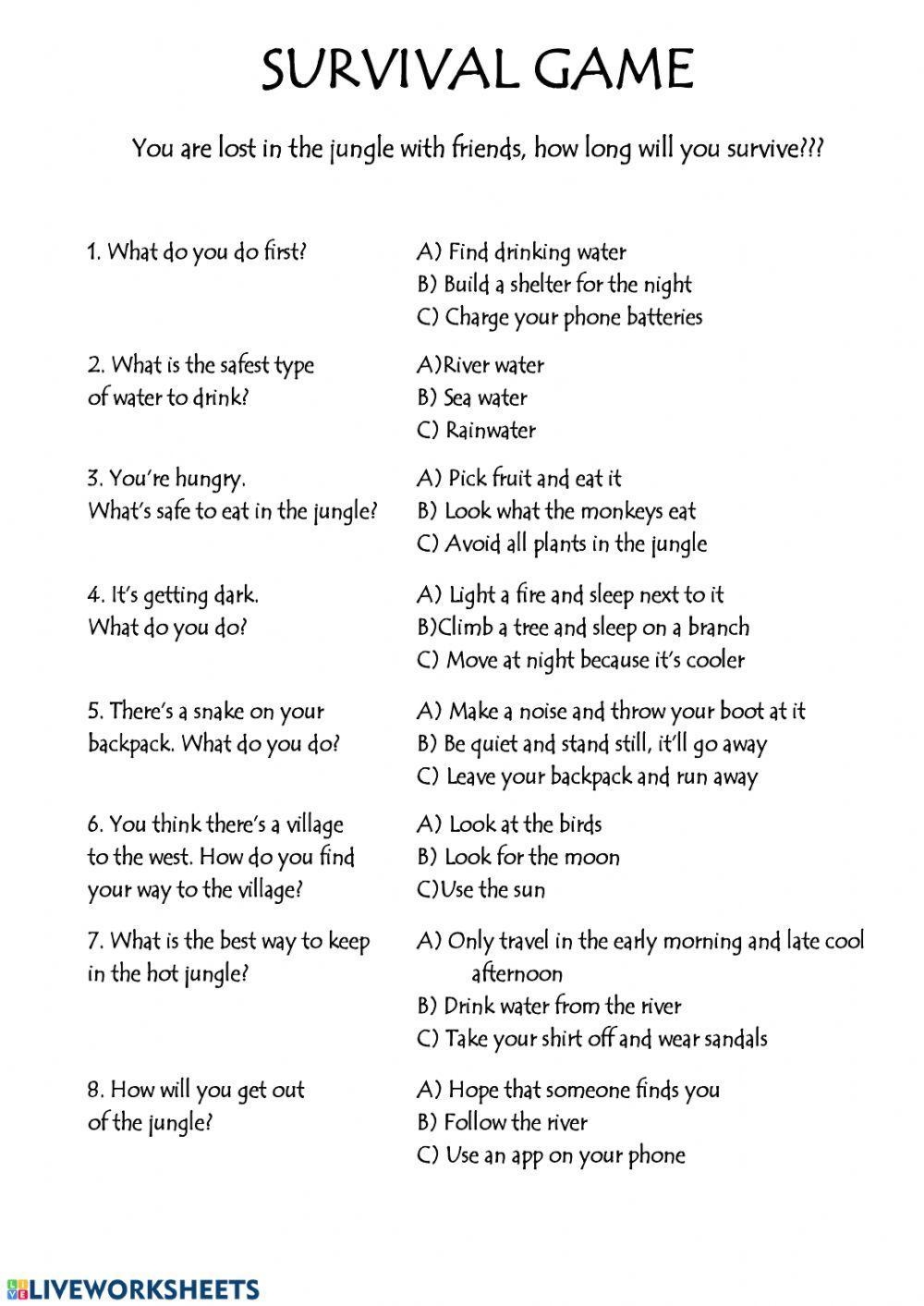 Survival Game Worksheet Live Worksheets Worksheets Library