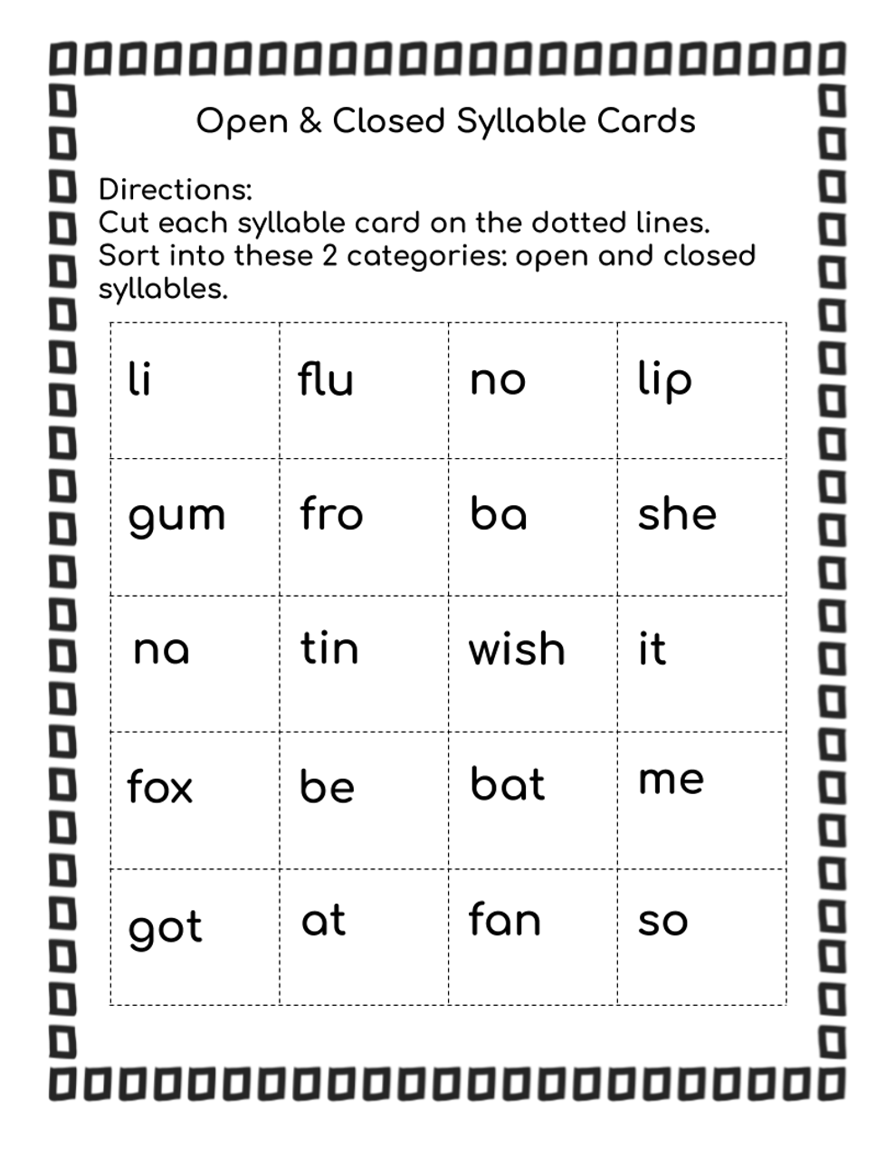 Syllable Types Open U0026 Closed Syllable Interactive Printable Activity Pack Worksheets Library