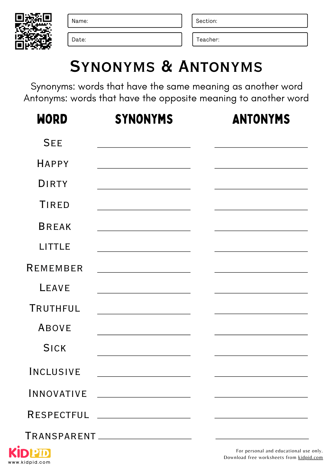 Synonym U0026 Antonym Writing Worksheets For Grade 5 Kidpid