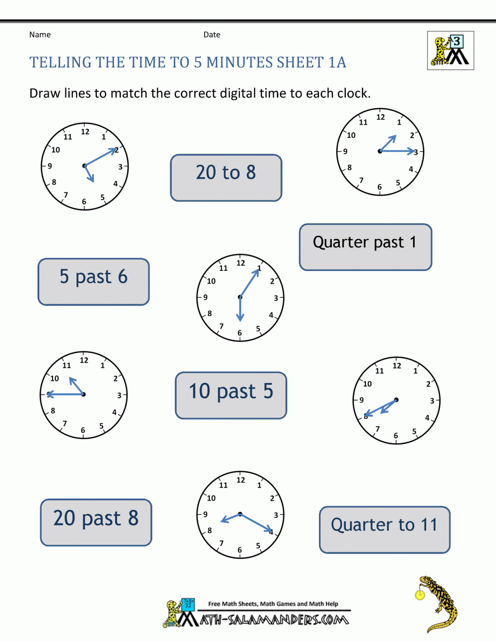 Telling Time To 5 Minutes Worksheets