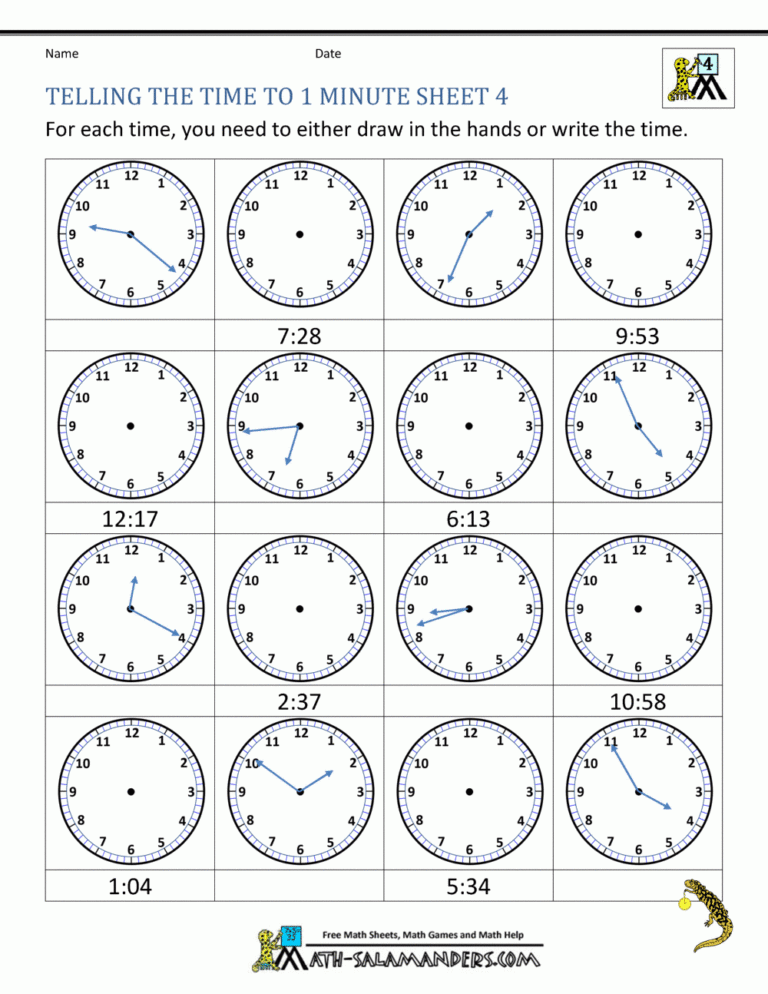 Telling Time Worksheets Grade 4 To The Nearest Minute