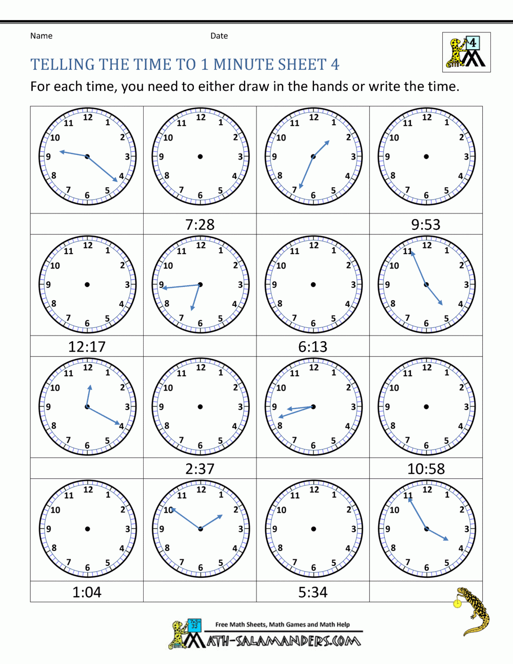 Telling Time Worksheets Grade 4 To The Nearest Minute